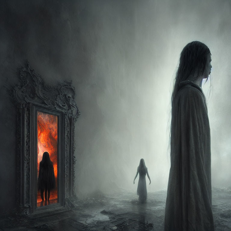 Mysterious figures in front of mirror and inferno in misty landscape