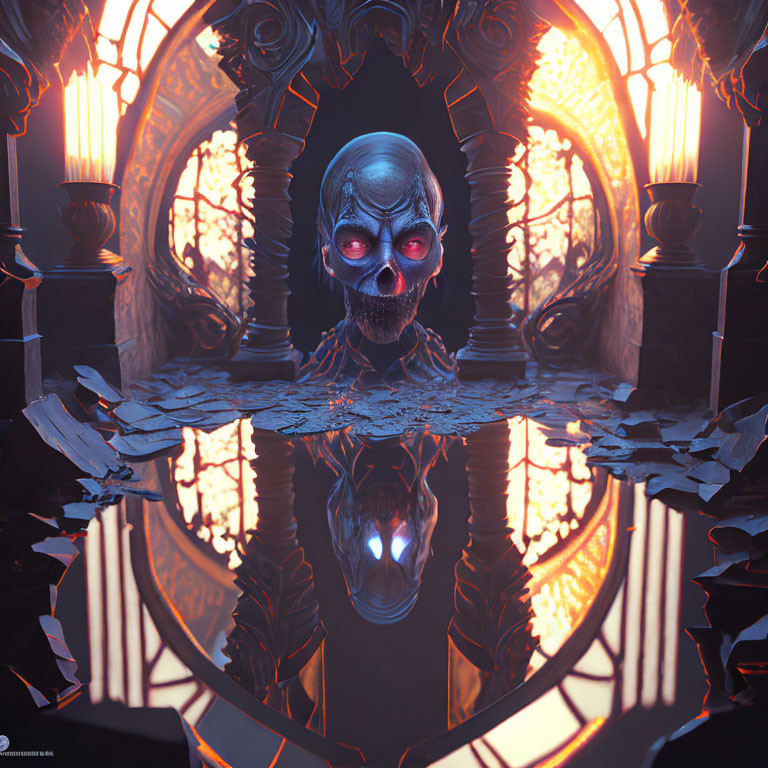 Skull with Glowing Red Eyes in Ornate Portal with Torches and Arches