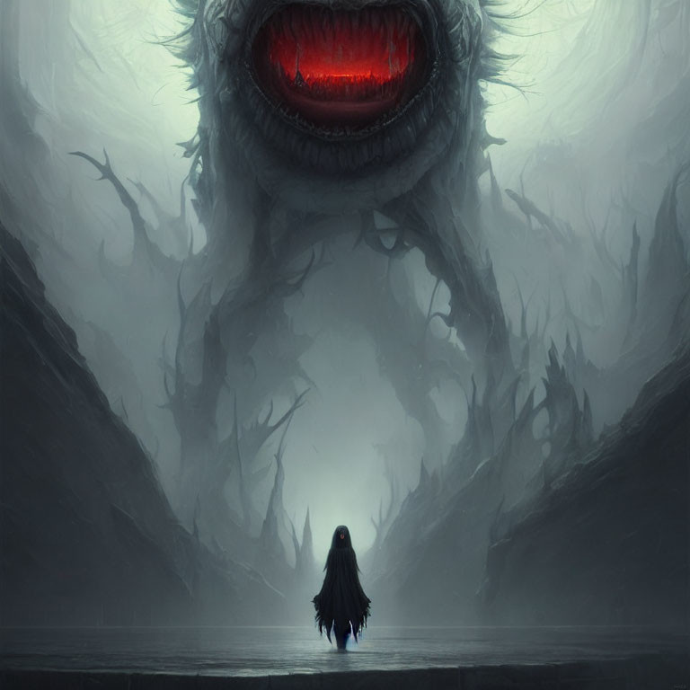 Cloaked figure facing massive creature with glowing red eyes in mist