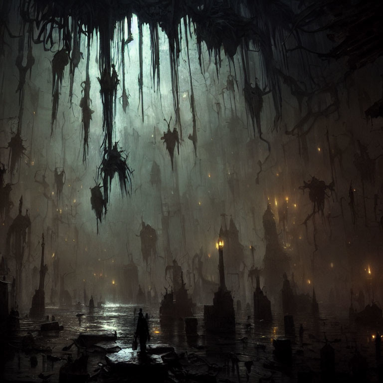 Eerie cave with dim lights, humanoid figures, and ruins