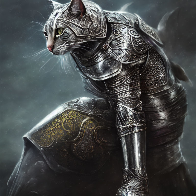 Realistic Cat in Medieval Knight Armor on Dark Background