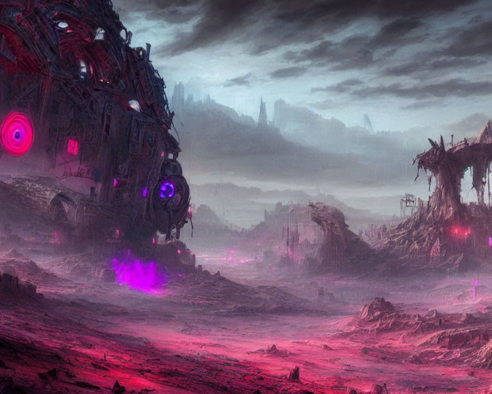 Dystopian landscape with colossal purple-lit structure in rocky terrain