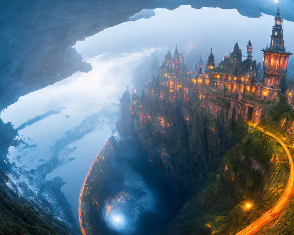 Majestic castle on cliff with illuminated spires and reflective water