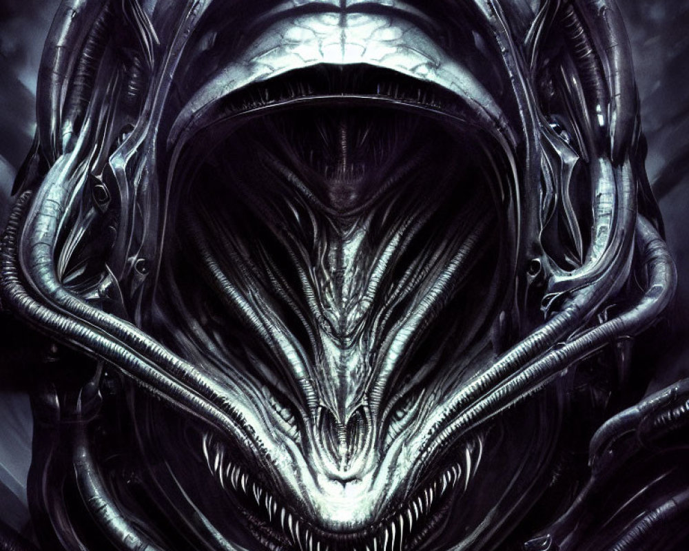 Detailed Xenomorph Illustration with Elongated Skull and Sharp Teeth Against Industrial Piping