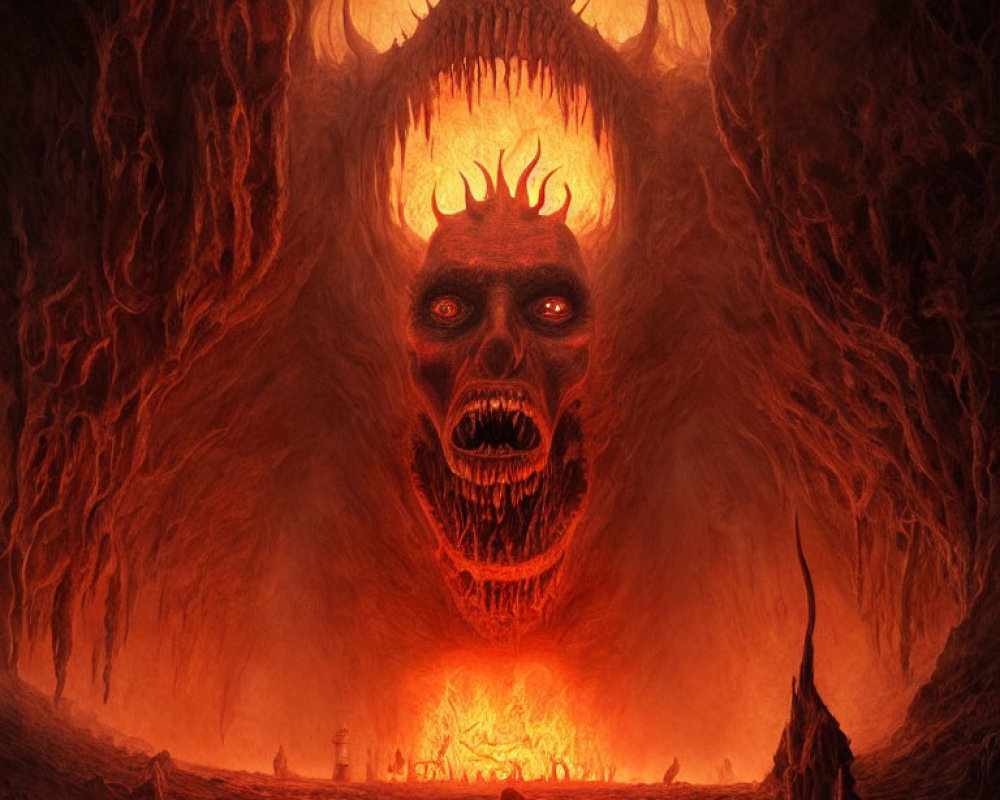 Fantasy landscape with demonic face, small figure, and fiery blaze in cavernous setting.