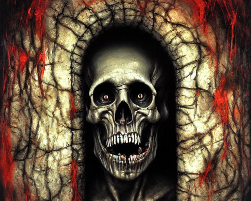 Menacing skull on fiery textured background.