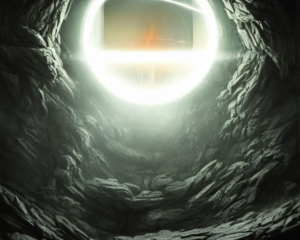 Glowing circular portal in cavernous tunnel with ominous silhouette