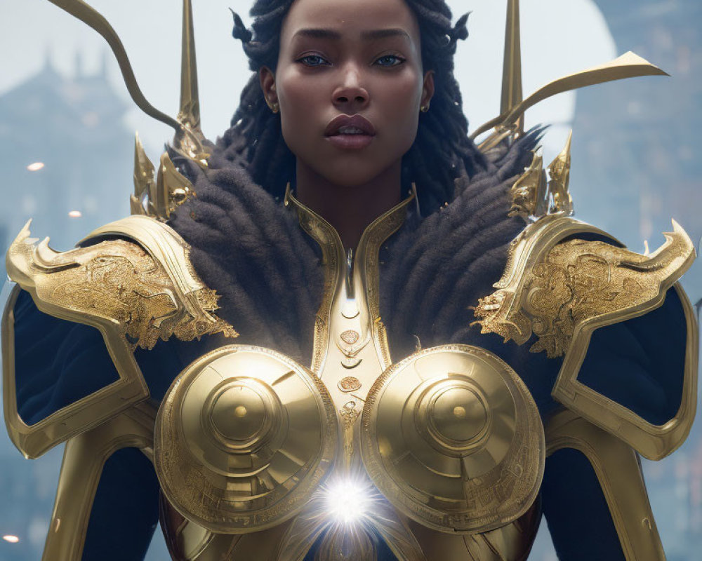 Female character in braided hair and golden armor standing confidently.