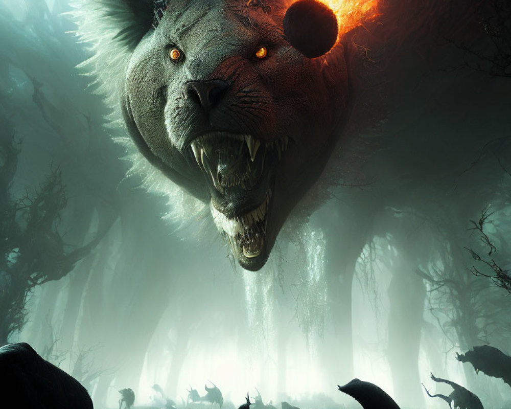 Giant wolf with fiery mane in misty forest