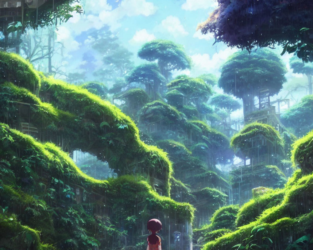 Child in lush green forest with towering trees and ethereal sunlight.