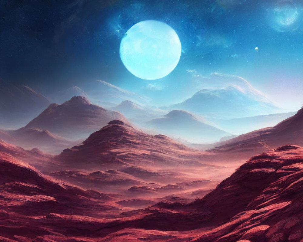 Alien landscape with red hills, blue moon, and starry sky