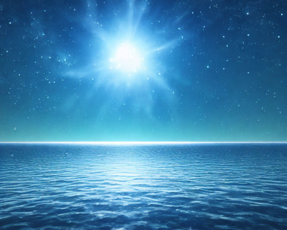 Starry sky over tranquil ocean with celestial reflection