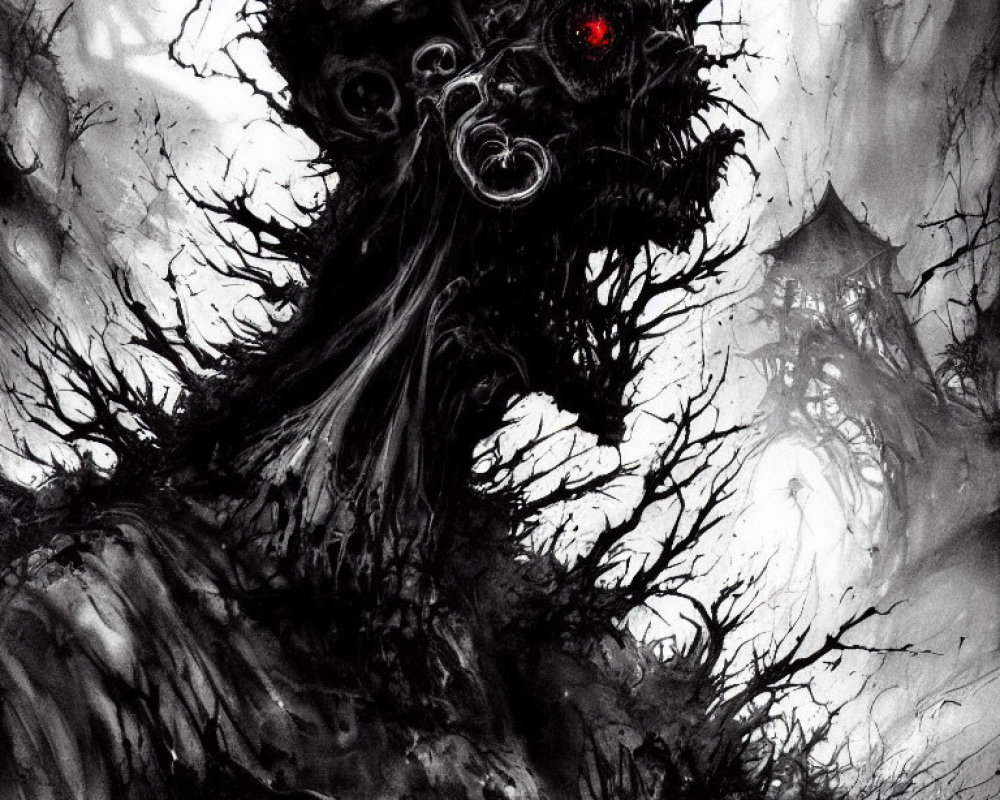 Menacing creature with tree-like features in dark forest setting