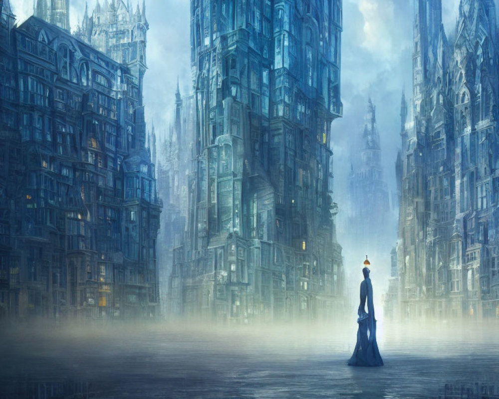 Solitary figure in foggy gothic cityscape under dusky sky