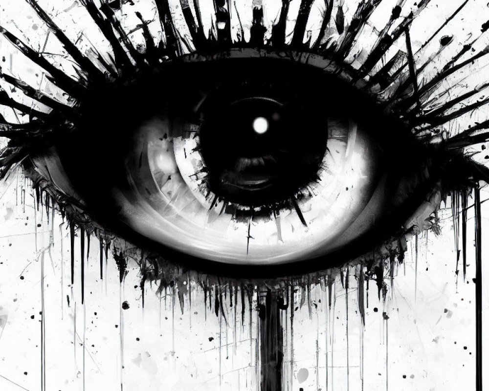 Monochrome eye art with bold lashes and splatter effect