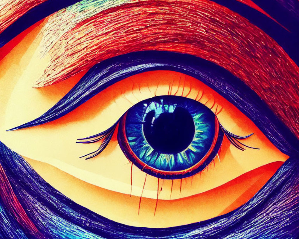 Colorful stylized human eye illustration with exaggerated eyelashes