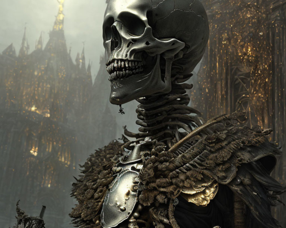 Metal-clad skeletal figure with rope details in front of gothic cathedral.