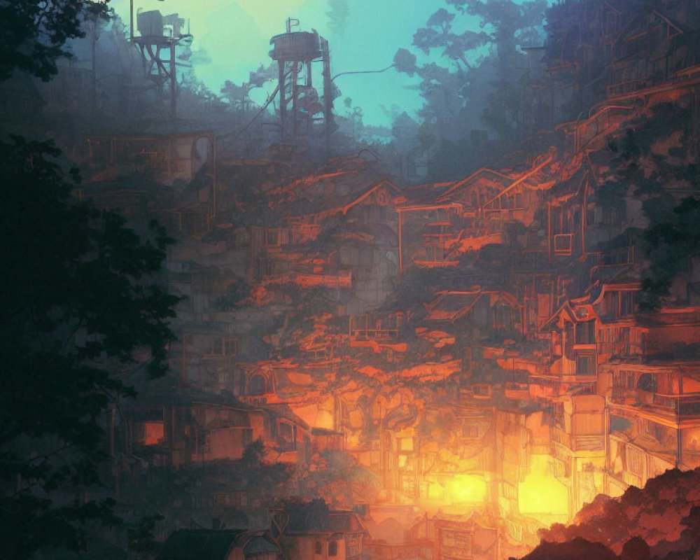 Enchanting village with glowing lights in misty forest