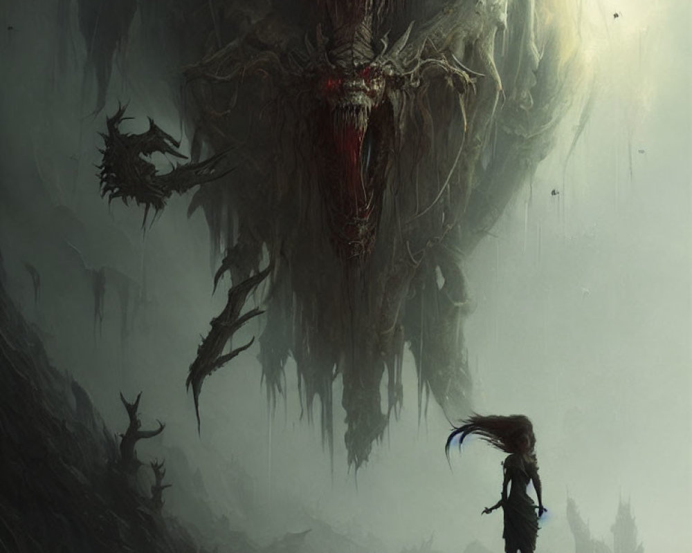 Warrior confronting giant skull-faced creature in misty landscape