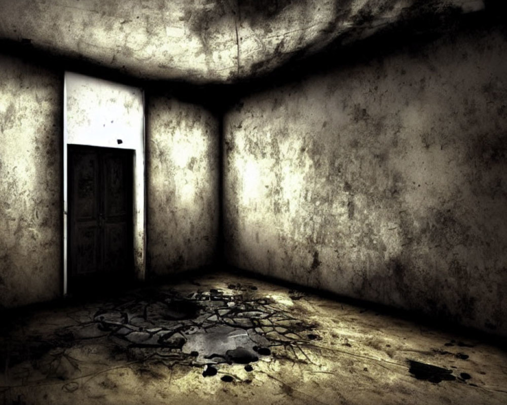 Dimly Lit Grungy Room with Peeling Walls and Cracked Floor