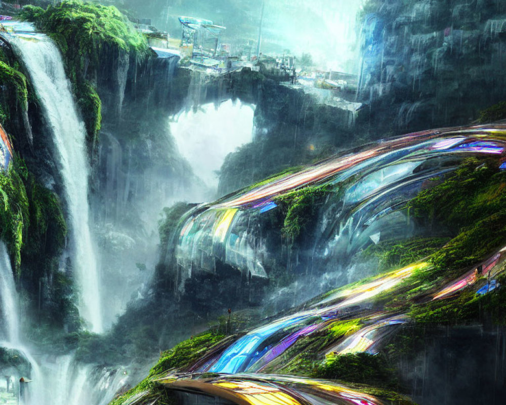 Futuristic cityscape with waterfalls, luminous buildings, colorful transit systems, lush greenery