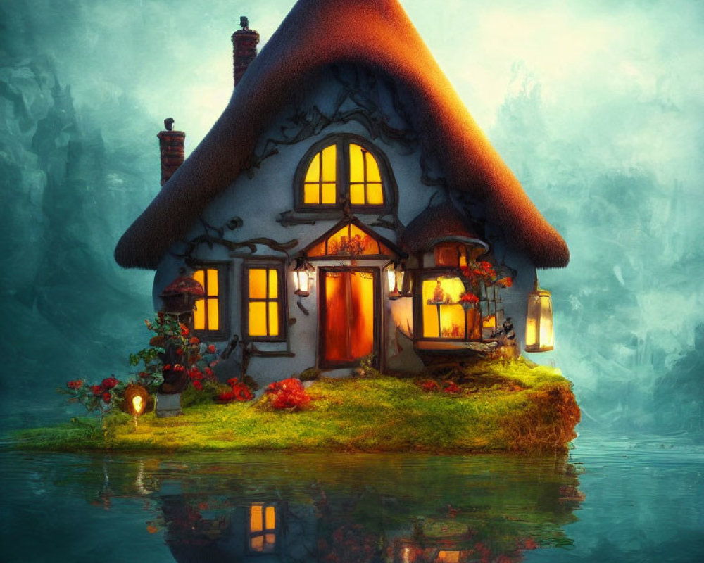 Thatched roof fairytale cottage by serene lake in foggy forest