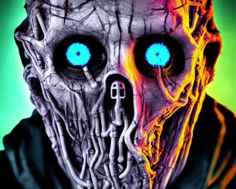 Detailed skeletal mask with glowing blue eyes on menacing figure