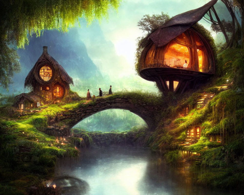 Whimsical treehouses on bridge over serene river with figures conversing