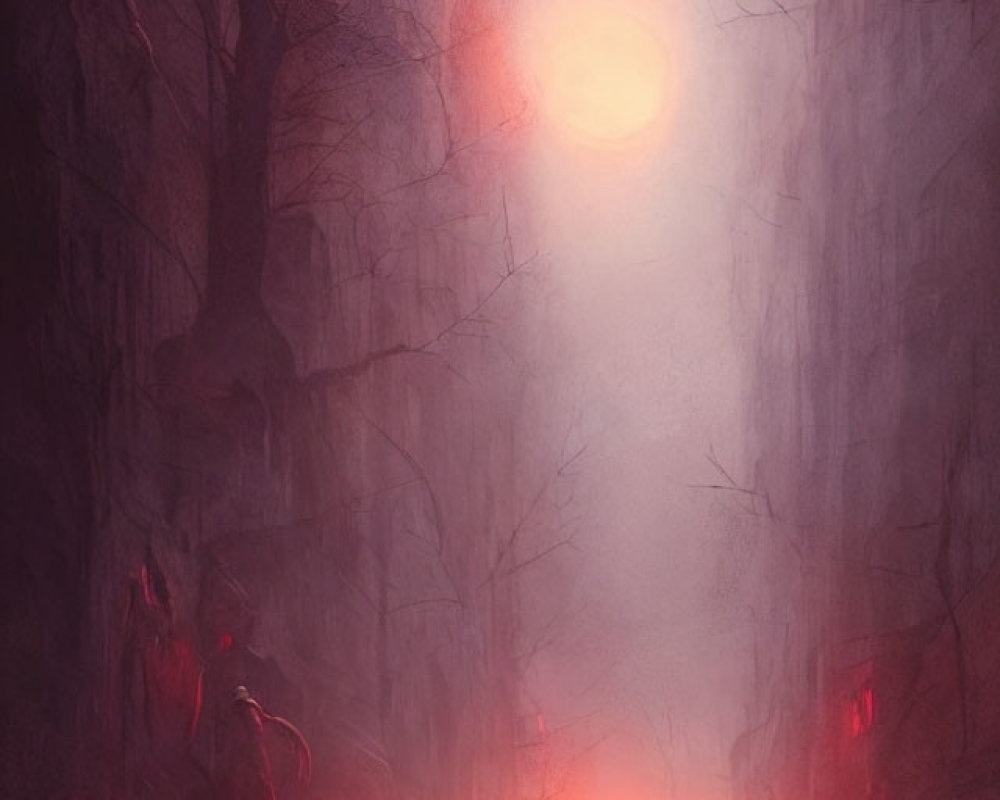 Misty path with red sun glow, figure on ground