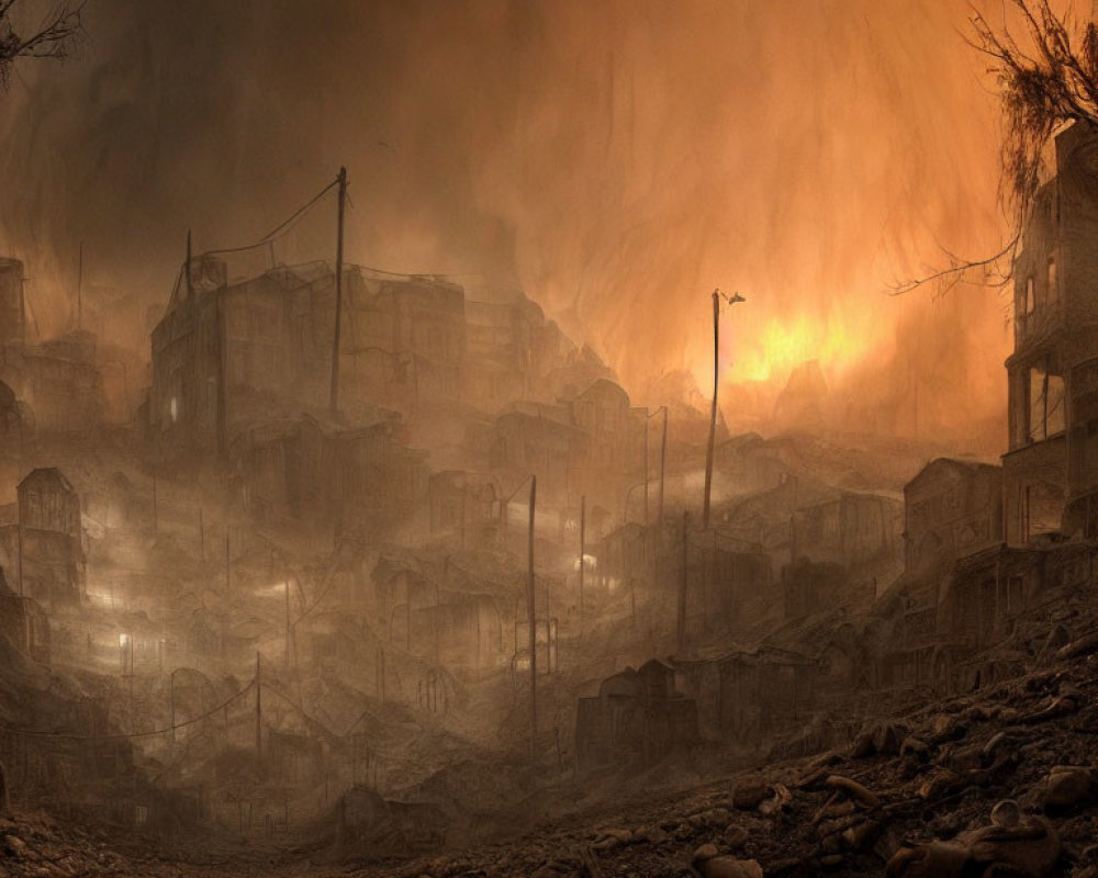 Dilapidated buildings and fiery glow in ominous apocalyptic scene