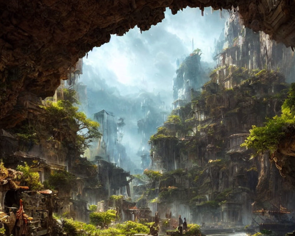 Ancient mystical city with overgrown ruins and waterways in cavernous view