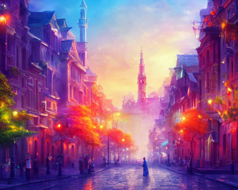 Colorful city street at dusk with illuminated buildings and solitary figure