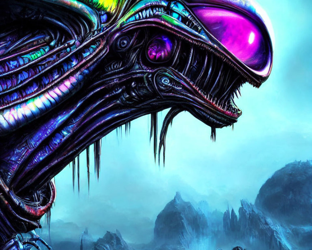 Colorful metallic alien creature with purple eye in mountainous setting