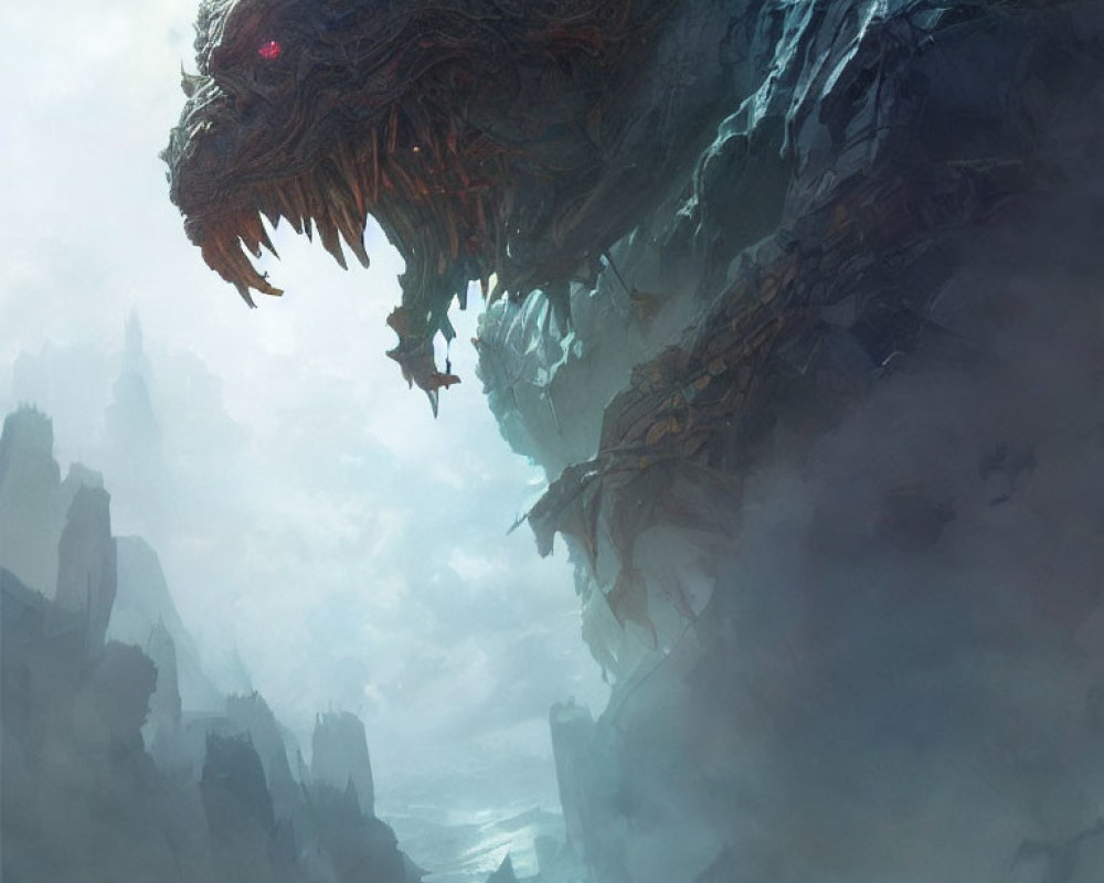 Majestic dragon-like creature with glowing red eyes in foggy canyon