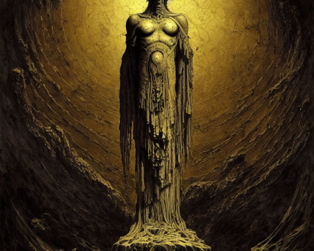 Golden figure melting or emerging with intricate designs and root-like extensions