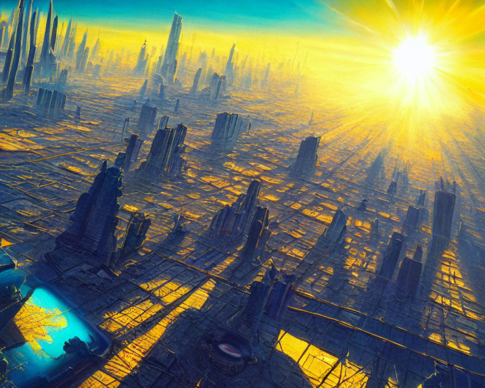 Futuristic cityscape with towering skyscrapers under a dazzling sun