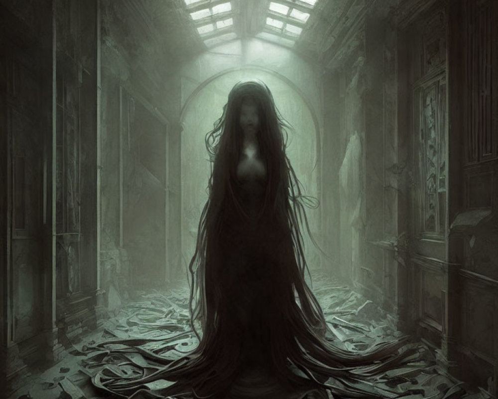 Ghostly Figure with Long Hair in Eerie Hallway with Skylight