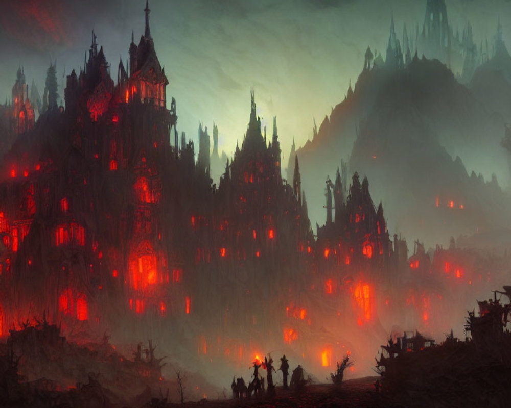 Eerie Dark Landscape with Towering Castles and Red Light