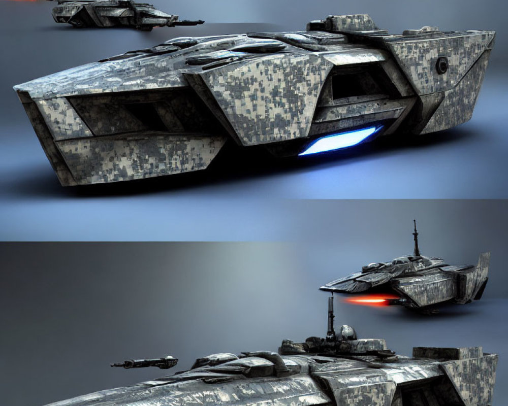 Futuristic camouflage spaceship with engine glows and smaller aircraft in digital illustration