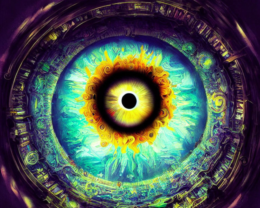 Colorful Eye Artwork with Intricate Patterns and Glowing Yellow Iris