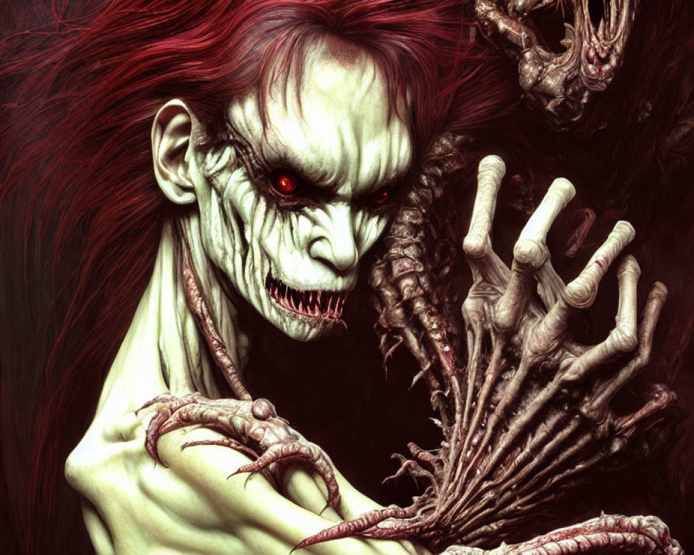 Menacing creature with red hair, pale skin, glowing eyes & sharp teeth