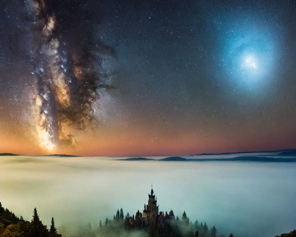 Castle above fog under starry night sky with Milky Way galaxy