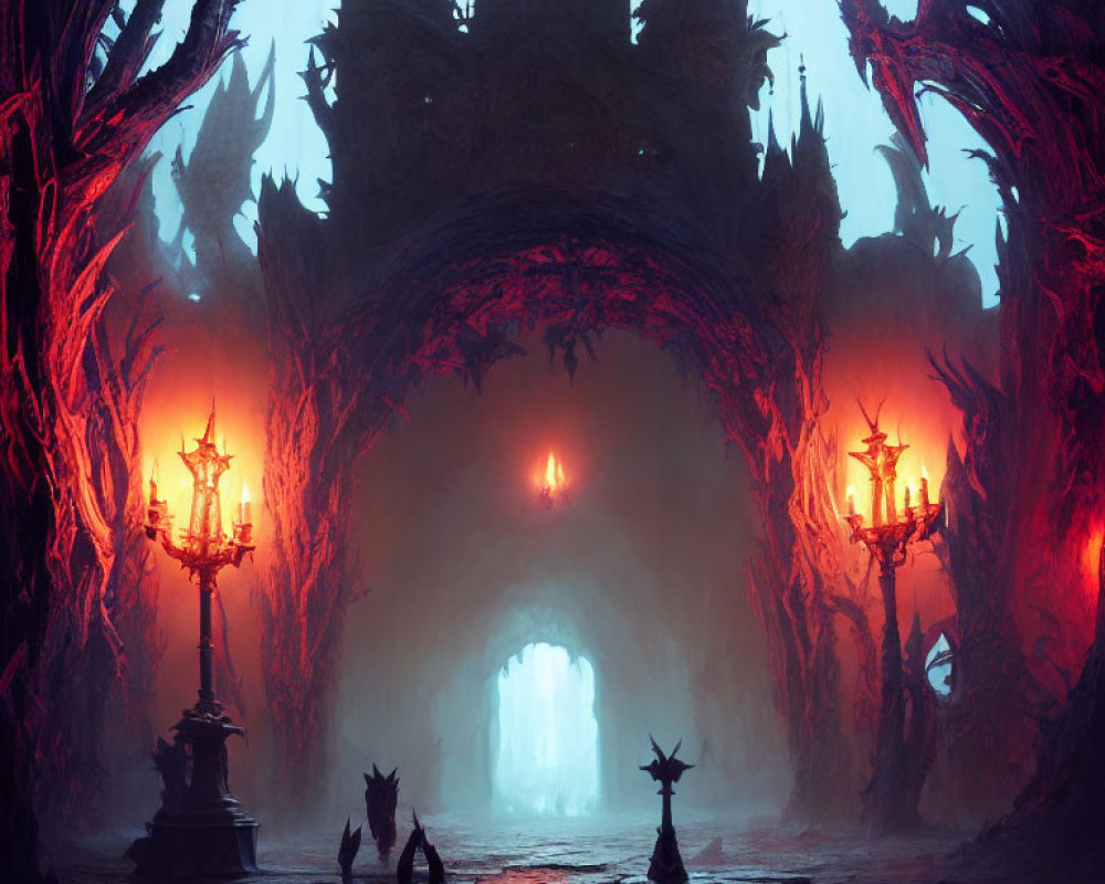 Gothic Hall with Spiky Arches and Eerie Torches