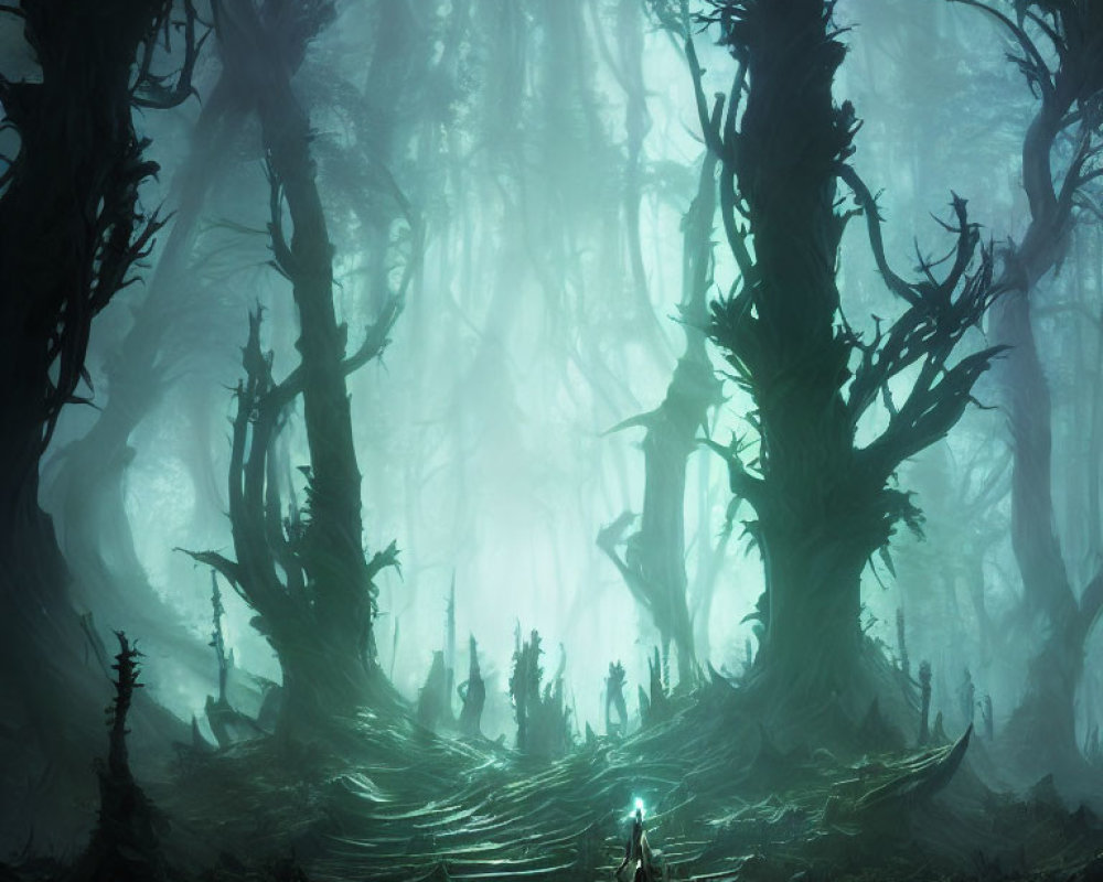 Mystical forest with towering trees and lone figure in cloak