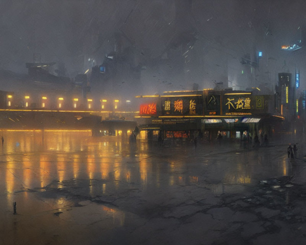 Rainy Night Cityscape with Neon Glowing Signs and Solitary Figure