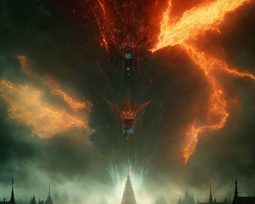 Fantasy Scene: Fiery Tower Over Gothic Cityscape