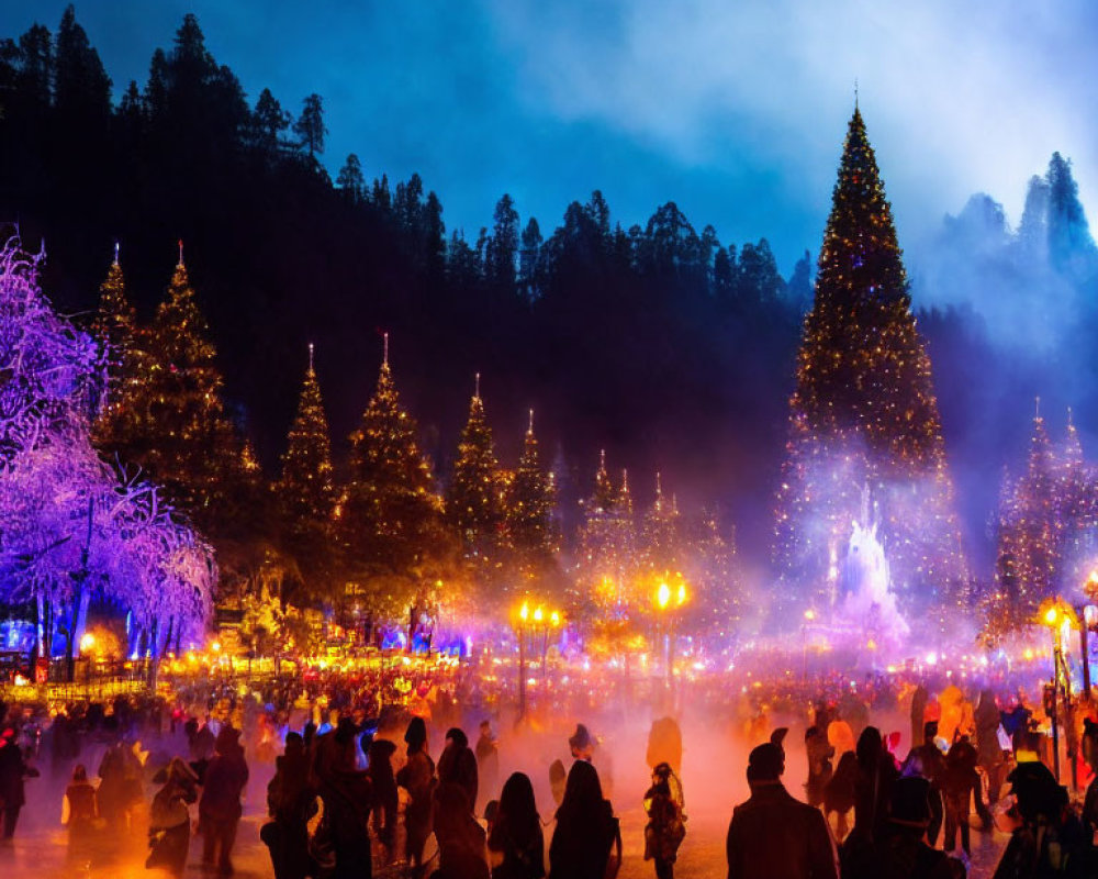 Festive outdoor night scene with illuminated Christmas trees and sparkling lights