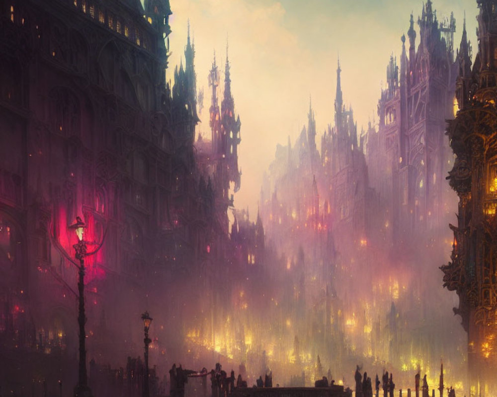 Gothic architecture in mystical cityscape at dusk