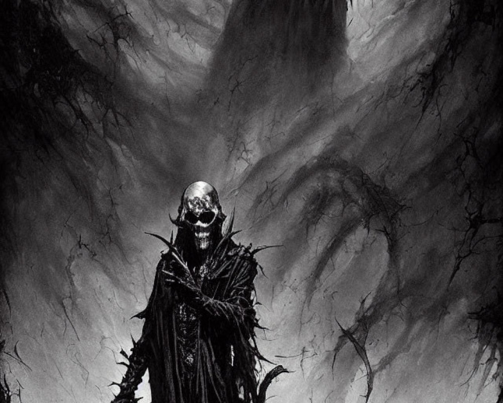 Dark Art: Skeletal Figure in Hooded Cloak with Ominous Backdrop