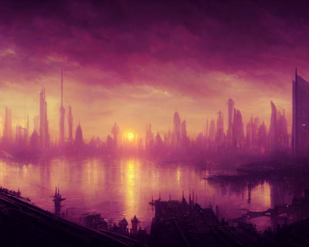 Futuristic cityscape at sunset with tall spires